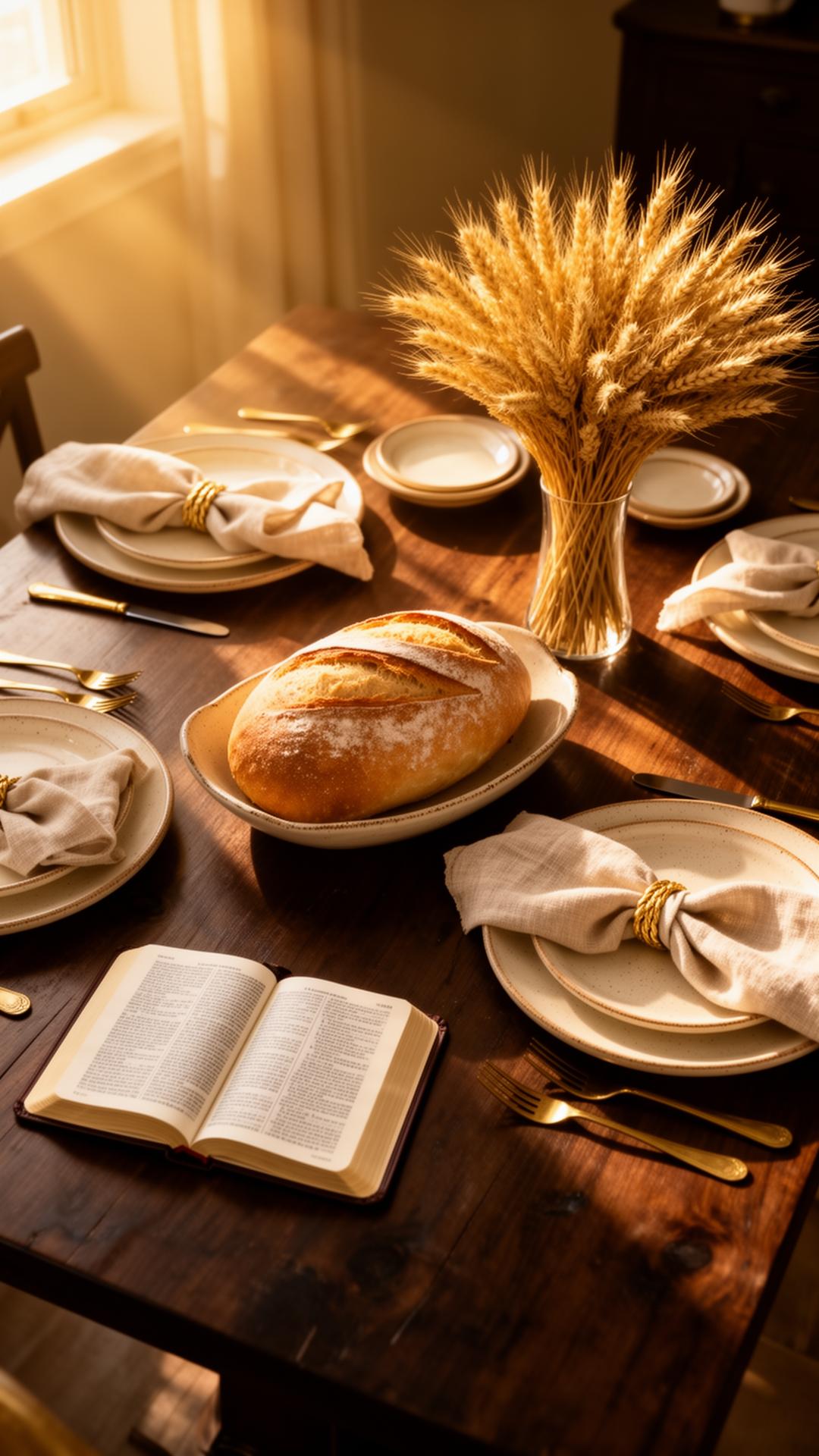 Table set with bread, wheat and an open Bible